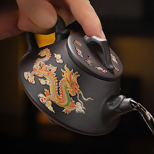 Yixing Purple Clay Pot Dragon and Phoenix Teapot Upon Heat Color Changing Kettle
