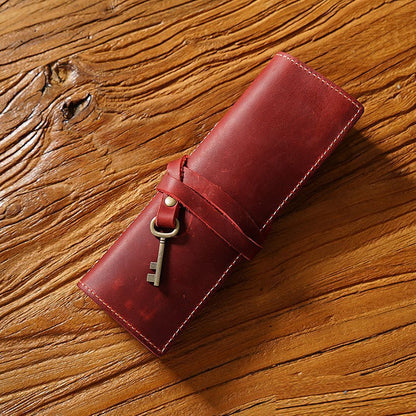 Pencil Case Genuine Leather Tie Rope W/Key Pen School Storage Bag Holder 20x18cm