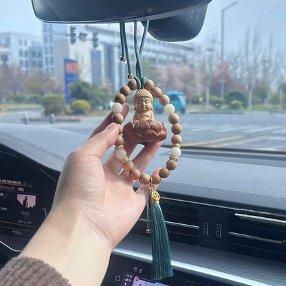 Peach Wood Buddha Car Pendant Lotus Beaded Tassel Rearview Mirror Ornament