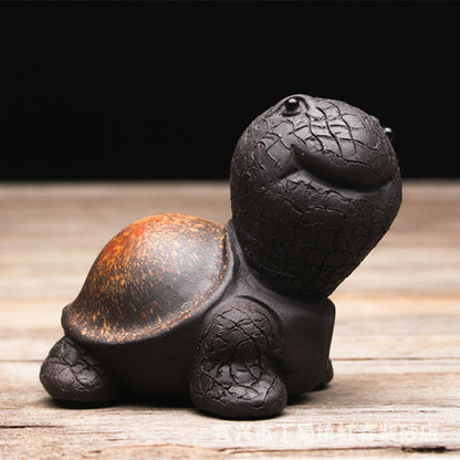 Chinese Yixing Zisha Black Mud Pottery Lovable Small Tortoise Tea Pet Statues
