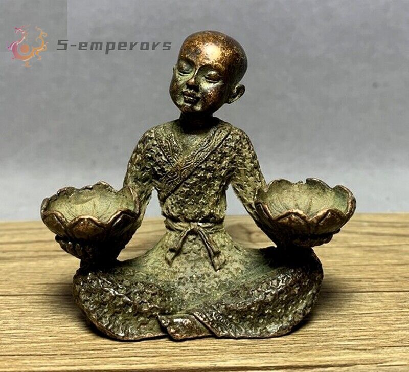 2.3" Brass Monk Incense Burner Cone Holder Lotus Buddhism Statue Decor