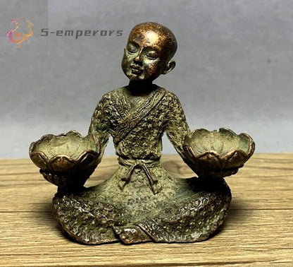 2.3" Brass Monk Incense Burner Cone Holder Lotus Buddhism Statue Decor