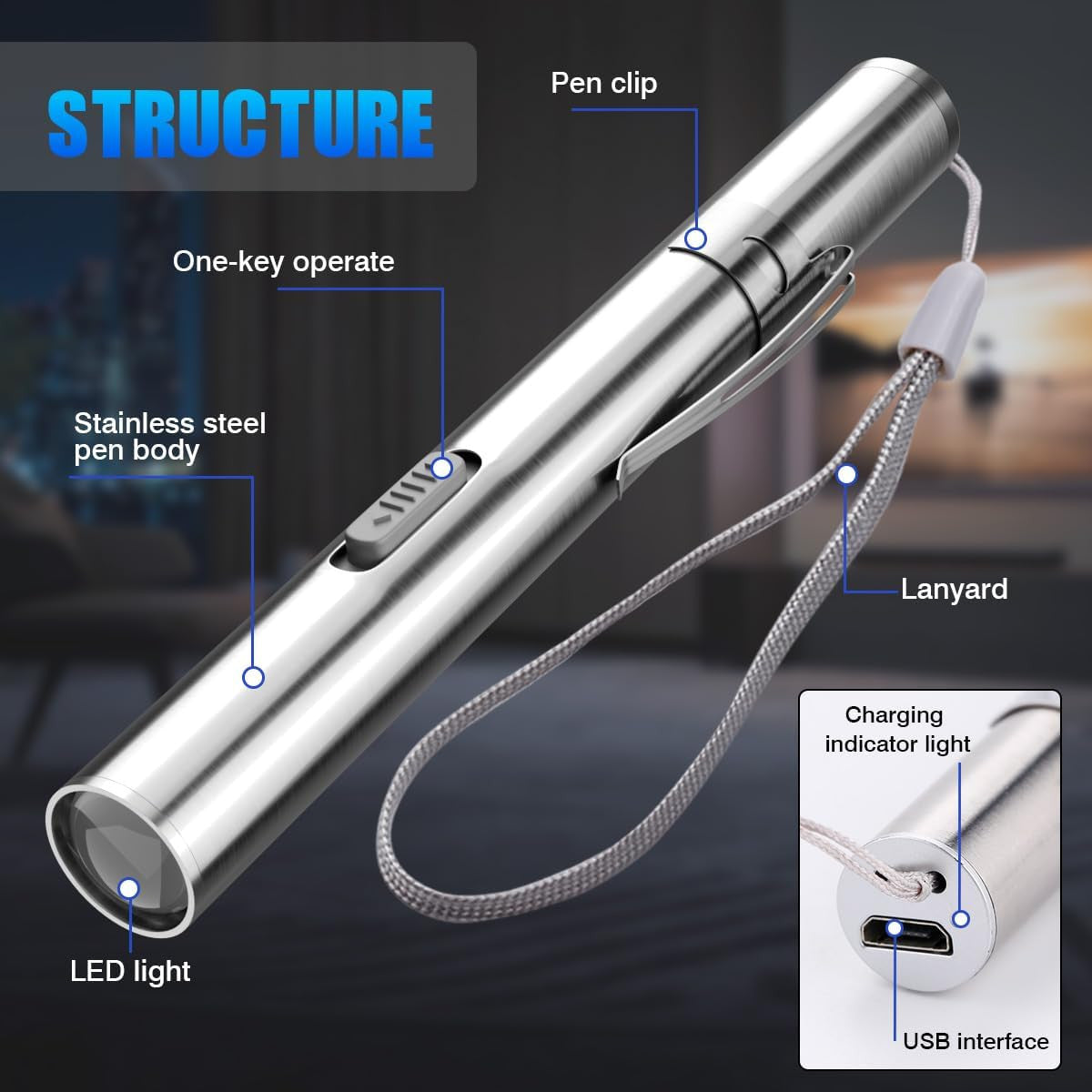 1-200 LED USB RECHARGEABLE MINI FLASHLIGHT Stainless Steel Pen Light 1000 Lumens