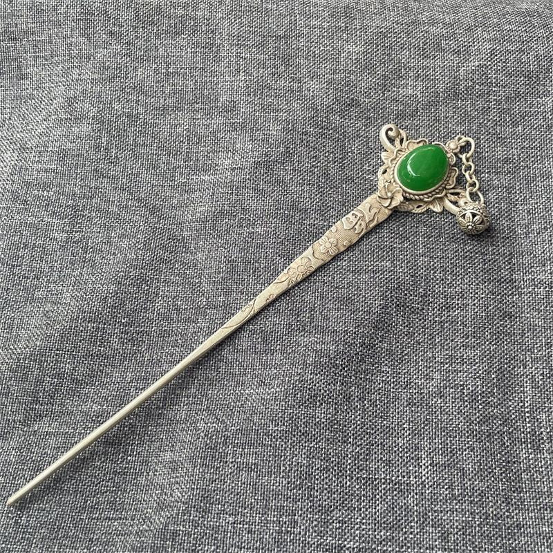 Miaosilver Peacock Hairpin Vintage Silver-Plated Green Bead Inlay Hair Stick
