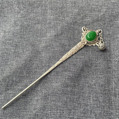 Miaosilver Peacock Hairpin Vintage Silver-Plated Green Bead Inlay Hair Stick
