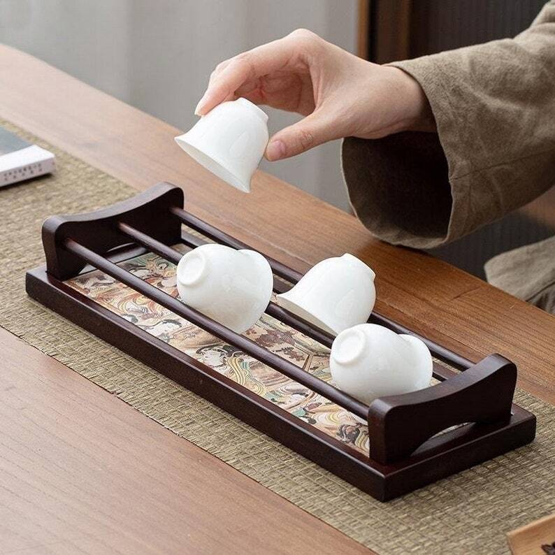 Absorbent Ceramic Tea Tray with Cup Holder|Bamboo Gong Fu Tea Tray