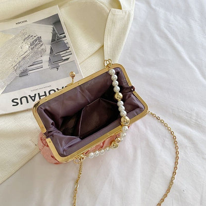 Luxury Shoulder Bag Fashion Pearl Chain Handbag Ribbon Weave Purse Crossbody Bag