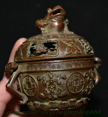 3.6" Marked Old Chinese Bronze Dynasty Frog Wealth incense burner Statue