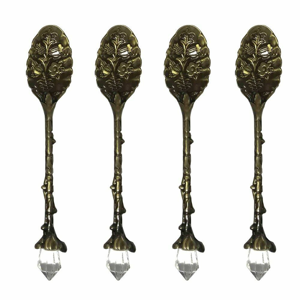 4 Pcs/Set Vintage Crystal Head Spoon Zinc Alloy Carved Mini Coffee Tea Tableware