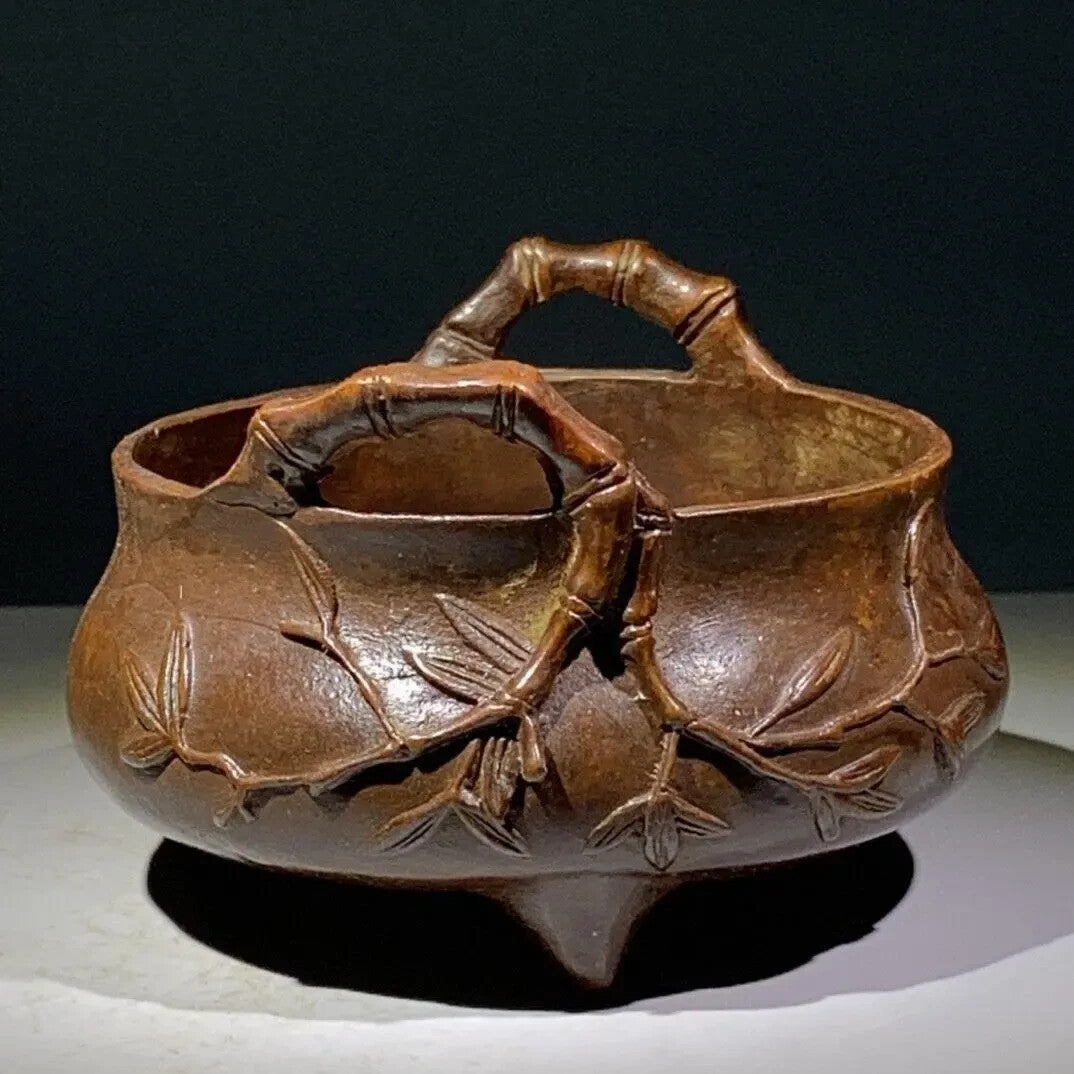 Chinese Antique Collection 宣德炉 Bamboo Carving Furniture Tripod Incense Burner