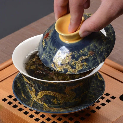 Longjing Sancai Tea Cup Retro Chinese Style Covered Bowl Large Dragon 200ml