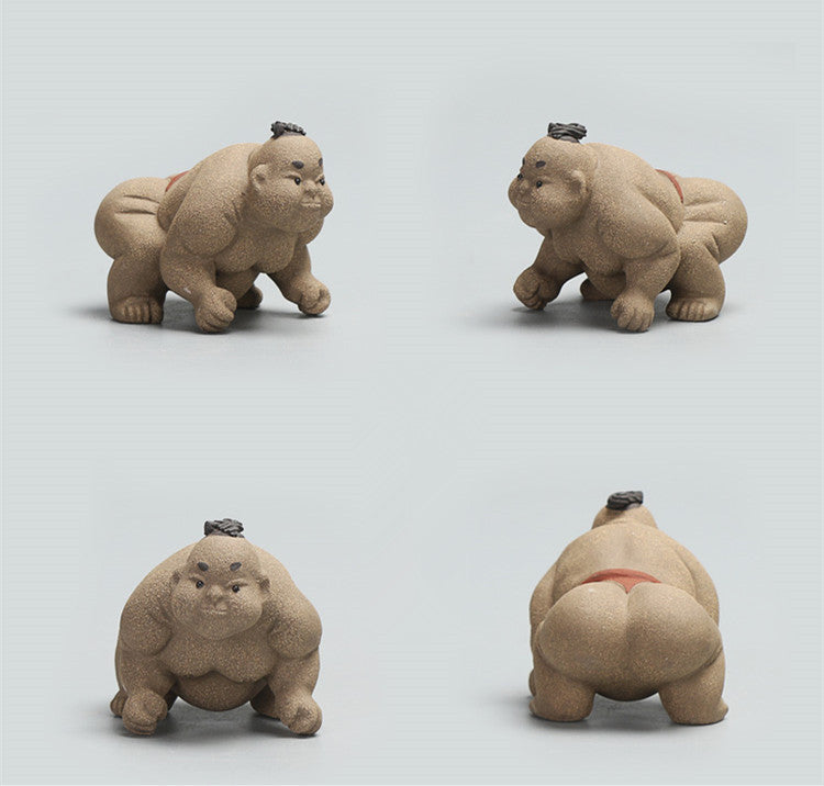 Handmade Figurine Sumo Statue Crude Pottery Artwork Wrestling Tea Pet Creative
