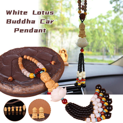 Boxwood Carved Lotus Buddha Guanyin Car Pendant Figurines Hanging Decor