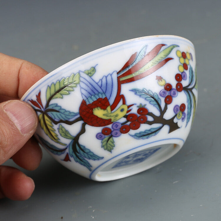 3.1" Chinese Doucai Contrasting Colors Porcelain Twisting Flower Bird Grain Cups