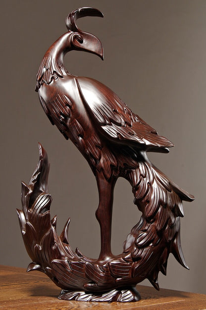 Solid Ebony Wood Carved Chinese Phoenix Statue Sculpture Feng Shui Decor