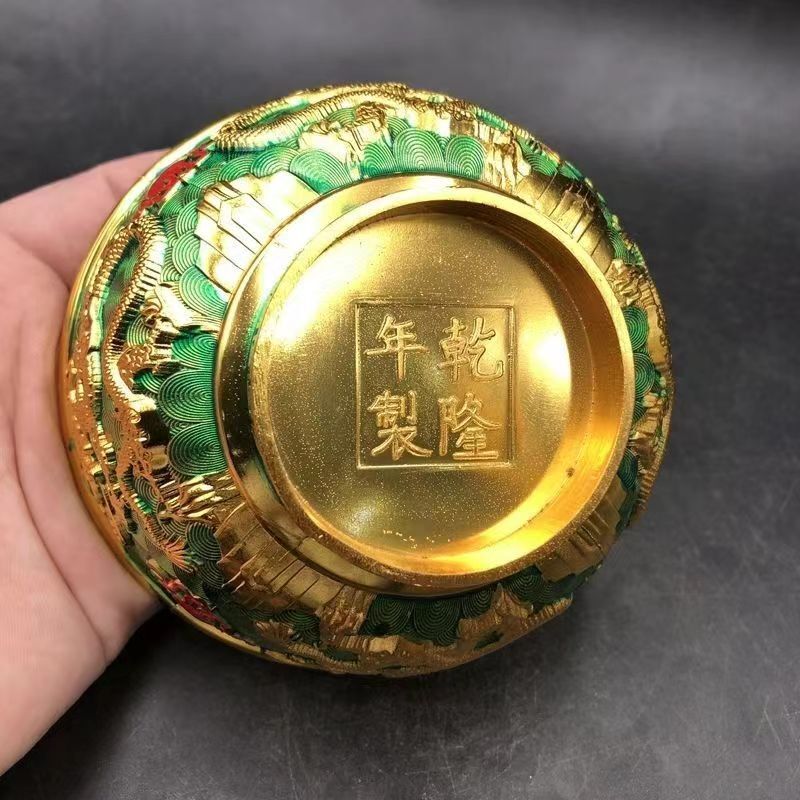 Chinese Crafts Antique Cloisonne Double Dragon Playing Beads Copper Plated Bowl