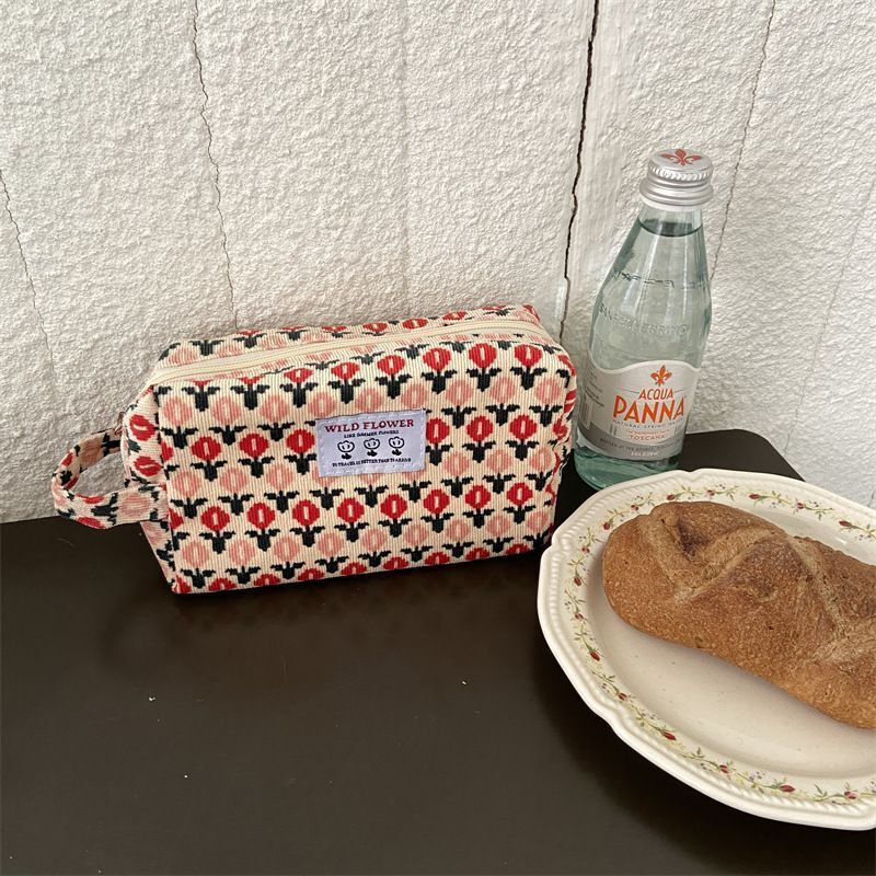 Retro Corduroy Cosmetic Bag Plaid Canvas Leopard Print Storage Purse S/M/L 1 PC