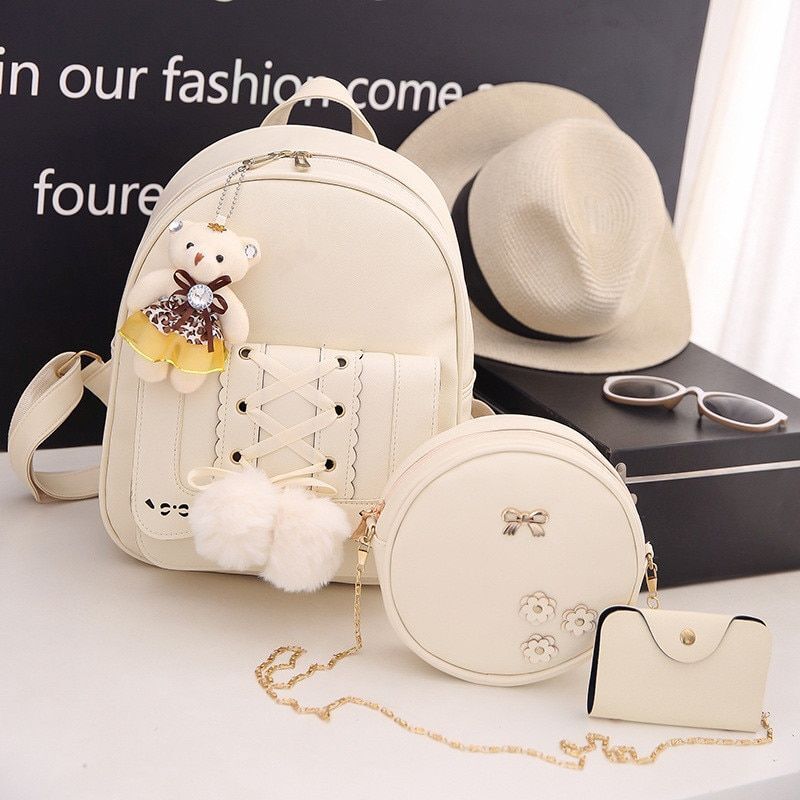 Leather Three Piece Backpack Sets Women Fashion Leather Backpack Card Holder 1PC