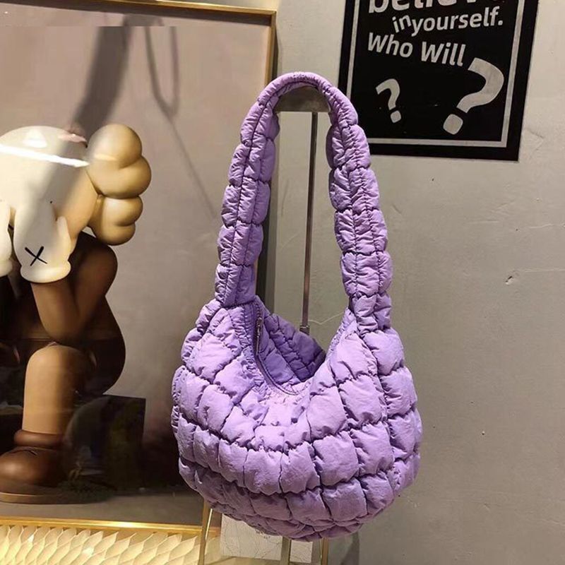 24cm Small Candy Colored Plaid Quilted Down Bag Pink Soft Shoulder Handbag Blue