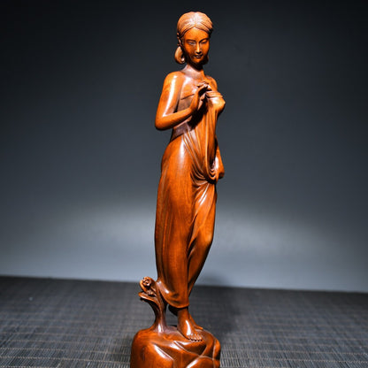 Chinese Antique Wood Carving Wooden Sculpture Artwork Statue Women Ladies Maiden