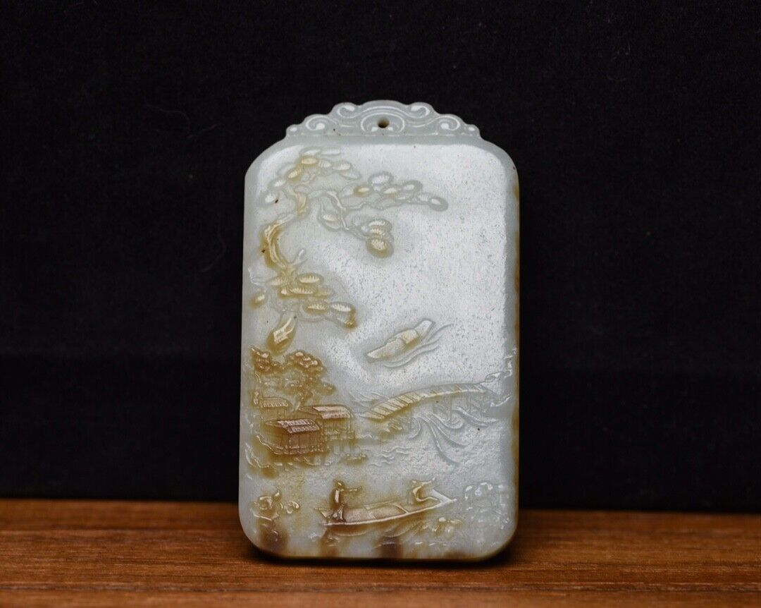 Chinese Natural Hetian Jade Carved Landscape Statues Exquisite Pendant Jewelry