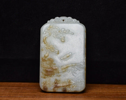Chinese Natural Hetian Jade Carved Landscape Statues Exquisite Pendant Jewelry