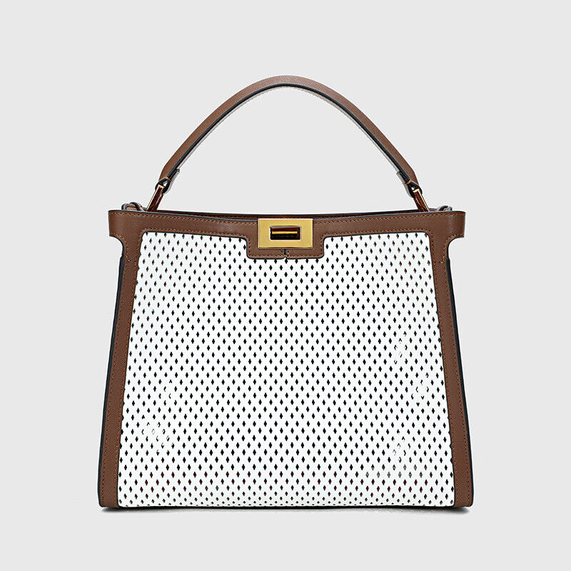 Trapezoid Perforated Real Leather Shoulder Bag Tote Handbag Purse Briefcase