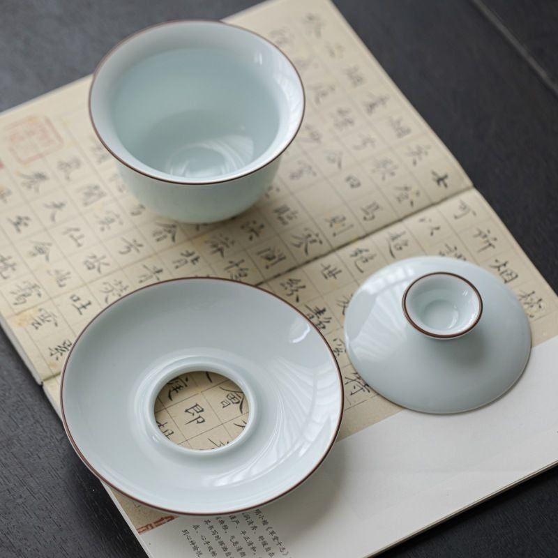 Shadowy Blue-green Porcelain Sancai Gaiwan Ceramic Tea Bowl Kung Fu Tea Set