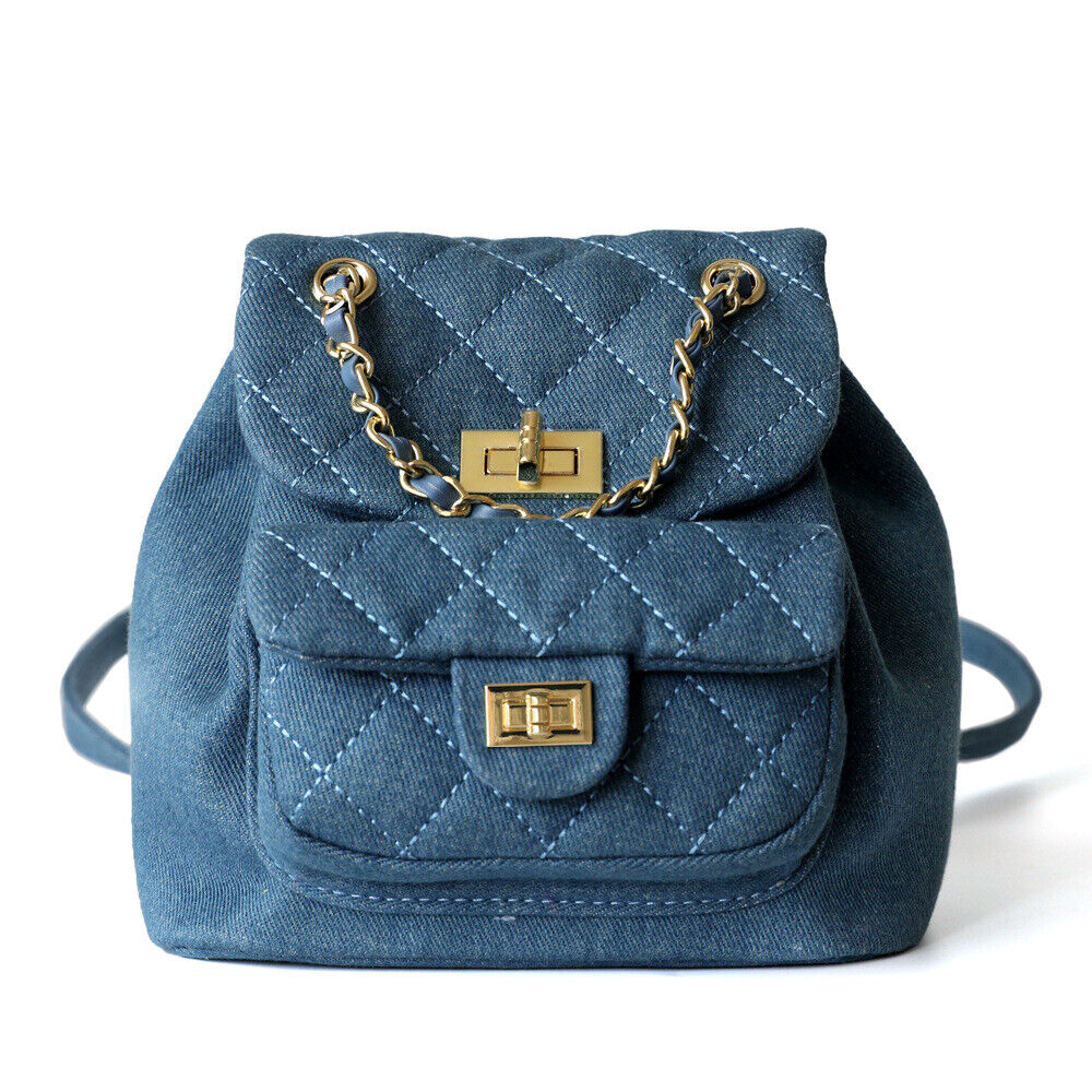 Small Mini Quilted Leather Backpack Drawstring Bucket Bag Flap Purse Chain Strap