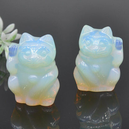 1pc Plutus Cat Statue Opalite Natural Stone Carved Healing Crystals Lucky