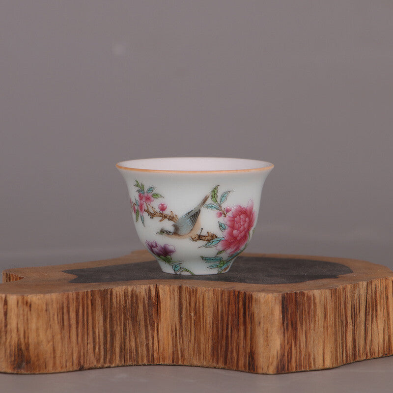 2.4" Chinese Qing Doucai Contrasting Colors Porcelain Branch Aniaml Bird Cup