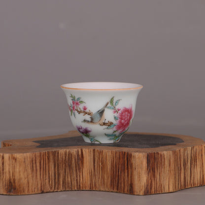 2.4" Chinese Qing Doucai Contrasting Colors Porcelain Branch Aniaml Bird Cup