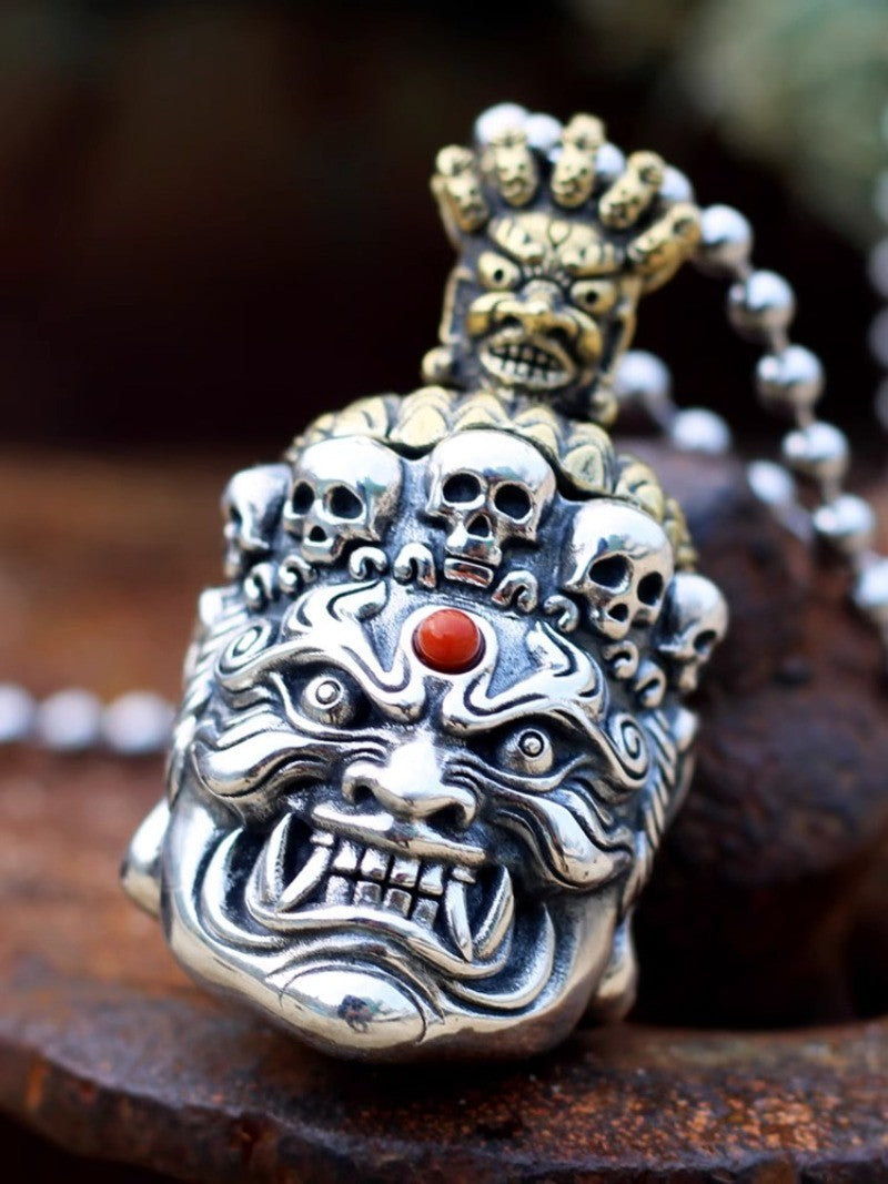 S925 Mahakala Avalokiteshvara Pendant Buddhist Protector Deity Skull Amulet