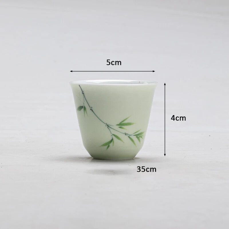 Handpainted Dark Green Bamboo Small Tea Cup Chinese Style Antique Kungfu Tea Cup