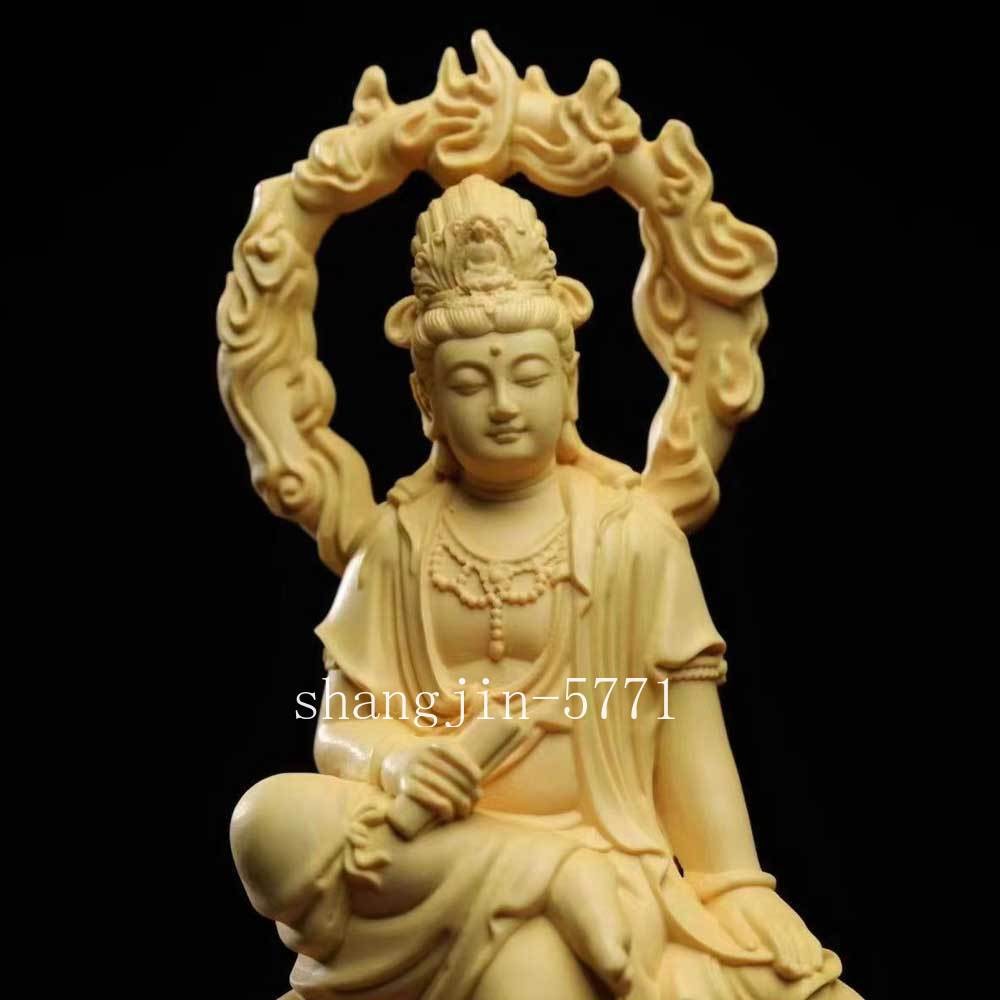 6.7" Guan Yin Altar Shrine Deco Boxwood Wood Carved Avalokitesvara Buddha Statue