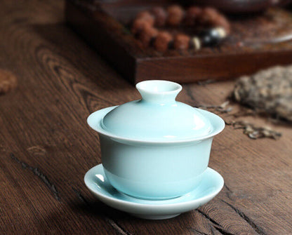 Real Longquan Celadon Gaiwan Porcelain Tea Bowl Lid Cup Saucer Covered Bowls New