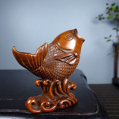 Antique boxwood carving art handcrafted carp statue decoration home fish Pendant