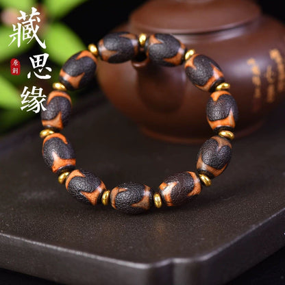 Tibetan Style Agate Bead Bracelet Barrel Beads Vintage Unisex Single Strand