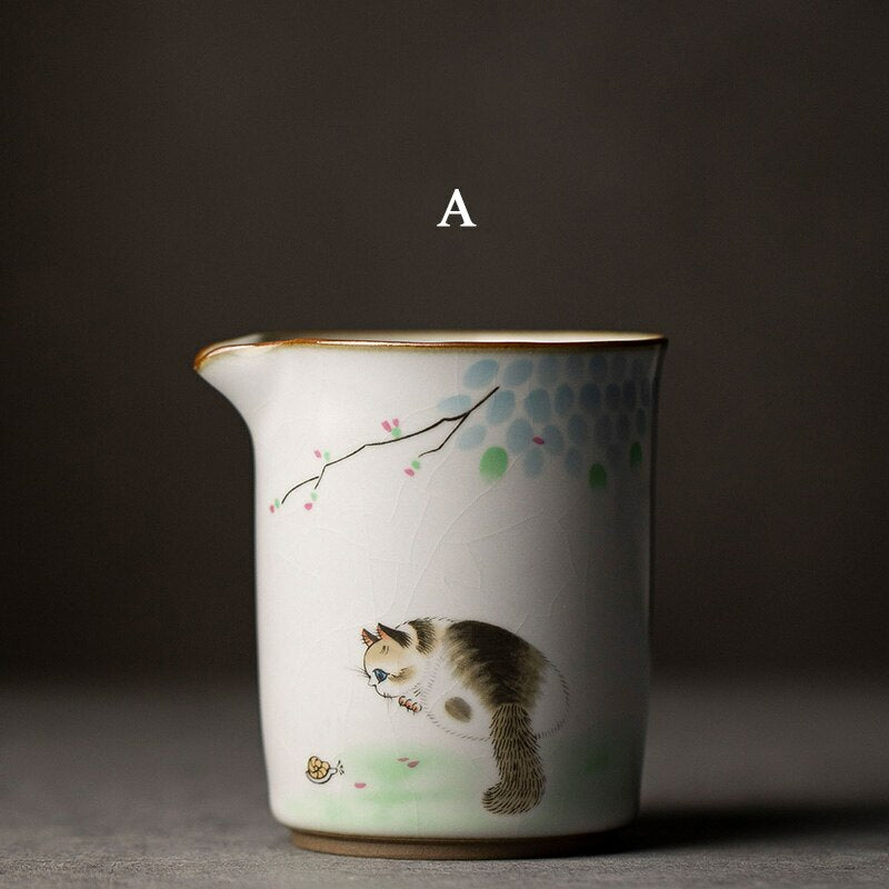 300Ml Chinese Ceramic Fair Cup Chahai Cat Pattern Kung Fu Tea Set Accessories