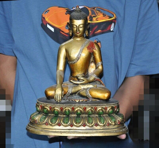 11" Tibetan Temple Bronze Gilt Silver Painted Sakyamuni Medicine Buddha Statue