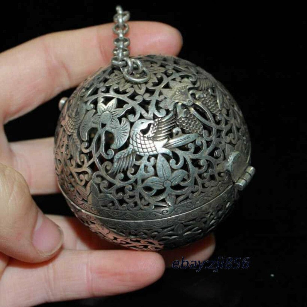 Old antique silver handmade carved Crane pattern Hang ball incense burner
