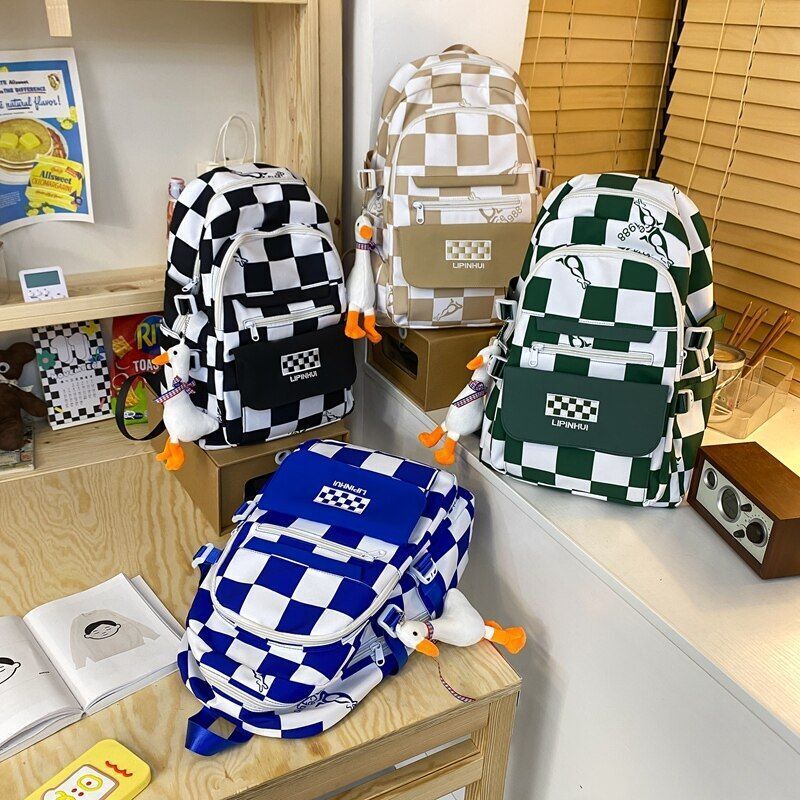 Backpack Waterproof Multi-Pocket Nylon Bookbag Plaid Schoolbag Laptop Travel Bag
