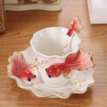 200ml 3D Goldfish Coffee Mugs Bone China Tea Cups Dish Spoon Creative Coffeeware