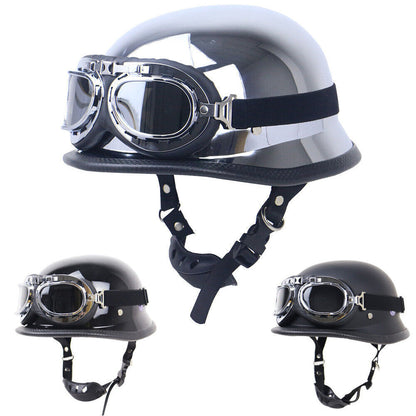 DOT German Style Motorcycle Half Helmet w/Goggles Chopper Cruiser Scooter Helmet