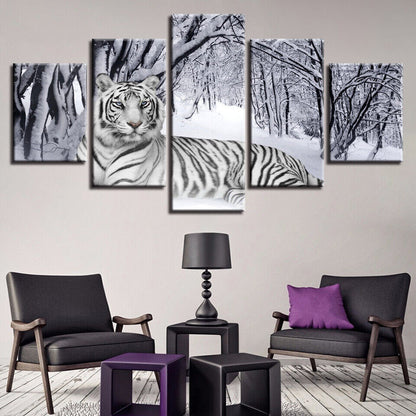 White Tiger In Snow Forest Canvas Prints Painting Wall Art Home Decor Picture 5P