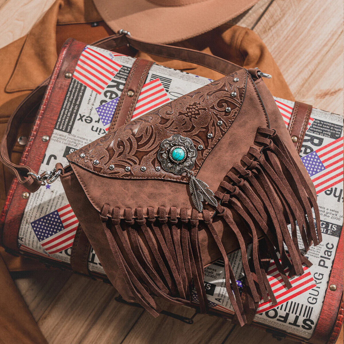Celela Turquoise Fringe Studded Women Crossbody shoulder Bag Handbag Purse