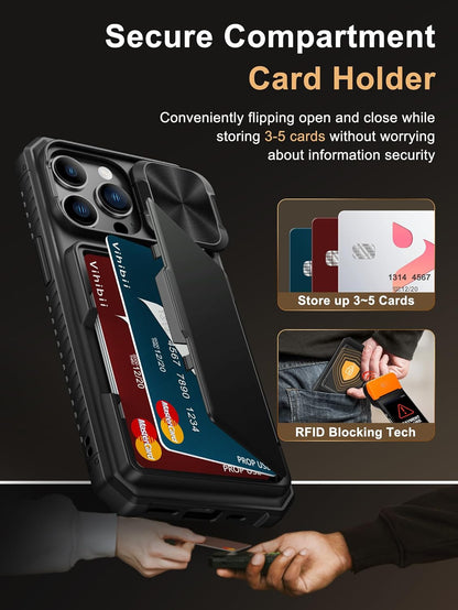 for Iphone 13 Pro Case with Card Holder (4 Cards) [RFID Blocking] & Slide Camera
