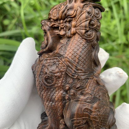 Wood Carved Qilin Statue Agarwood Handheld Ornament Lucky Collectible