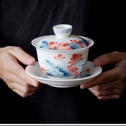 Jingdezhen Ceramic Gaiwan Mutton Jade Porcelain Tureen Matching Tea Cup Pitcher