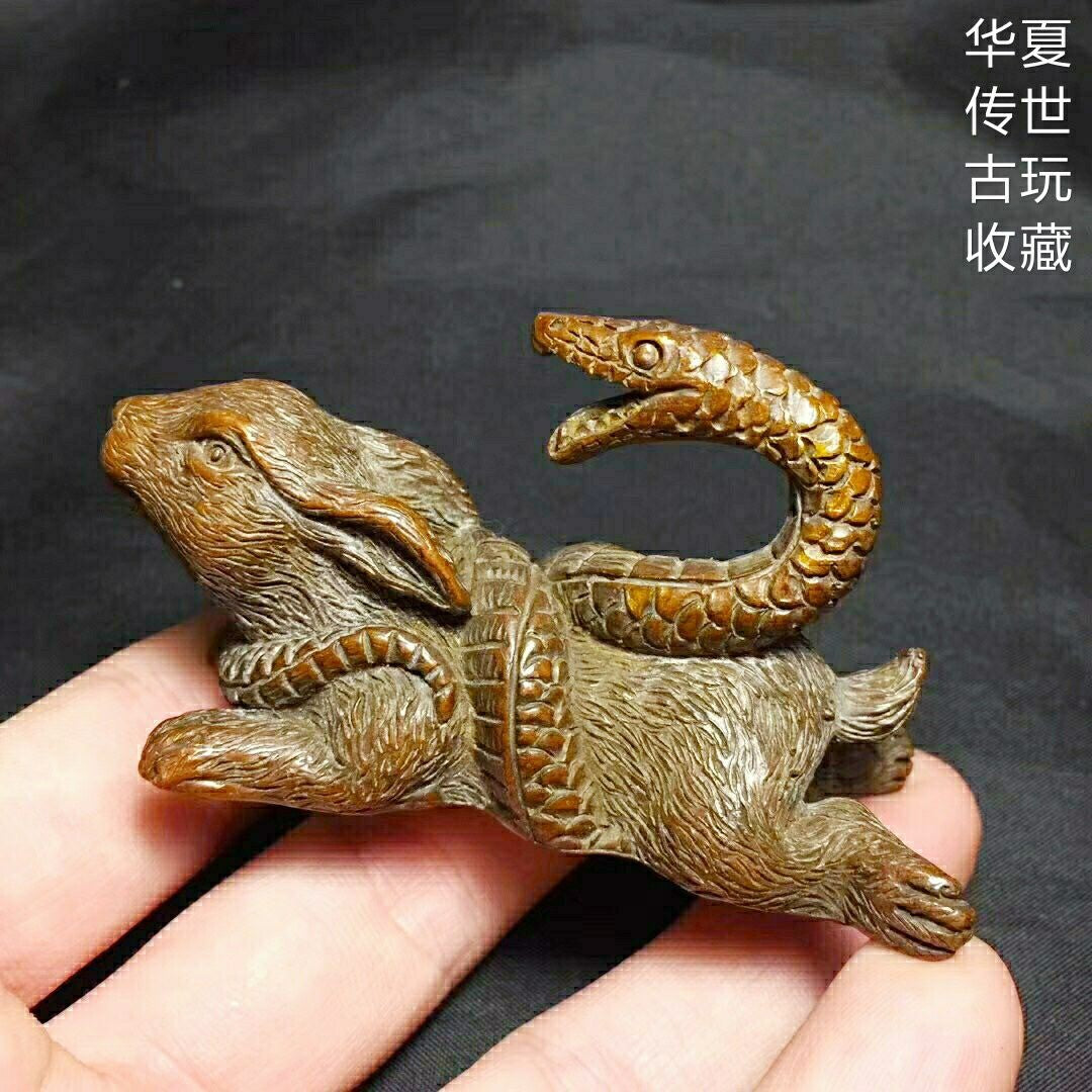 Collection chinese bronze snake PK rabbit statue home decoration tea pet